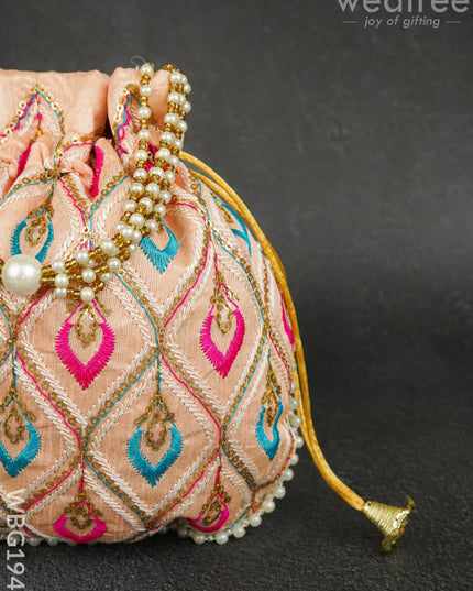 Potli Bag with Leaf Design Embroidery - 9 inch - WBG1949 - Potli Bags