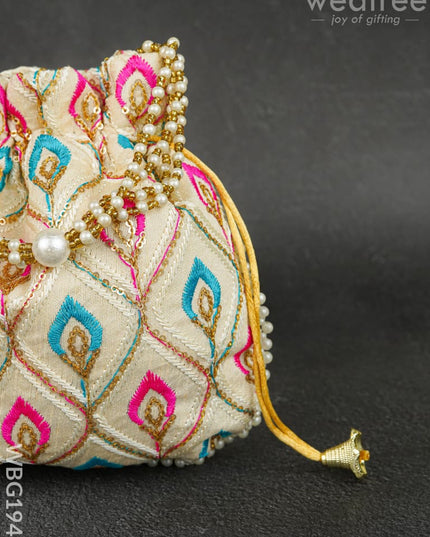 Potli Bag with Leaf Design Embroidery - 9 inch - WBG1949 - Potli Bags