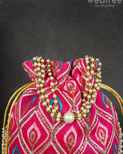 Potli Bag with Leaf Design Embroidery - 9 inch - WBG1949 - Potli Bags