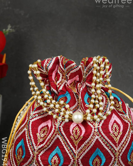 Potli Bag with Leaf Design Embroidery - 9 inch - WBG1949 - Potli Bags