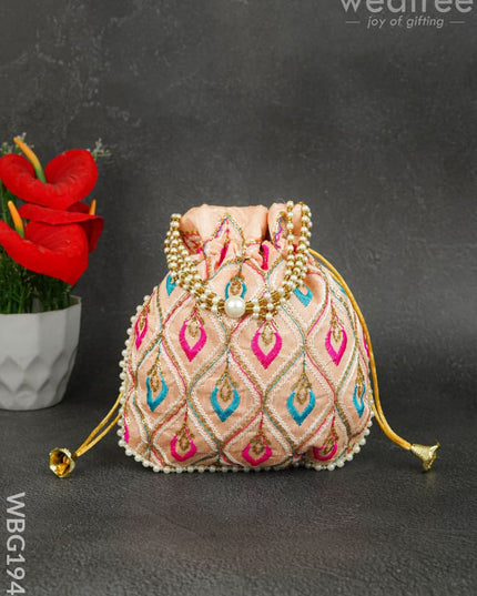 Potli Bag with Leaf Design Embroidery - 9 inch - WBG1949 - Potli Bags