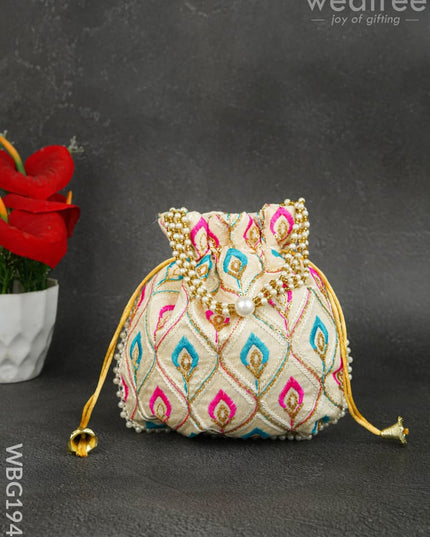Potli Bag with Leaf Design Embroidery - 9 inch - WBG1949 - Potli Bags