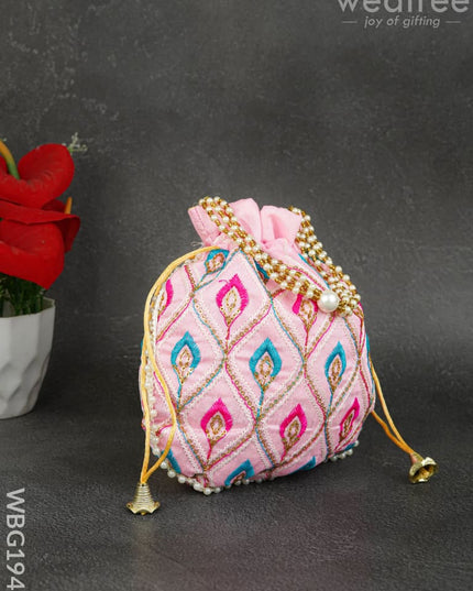Potli Bag with Leaf Design Embroidery - 9 inch - WBG1949 - Potli Bags