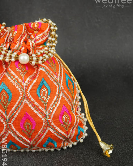 Potli Bag with Leaf Design Embroidery - 9 inch - WBG1949 - Potli Bags