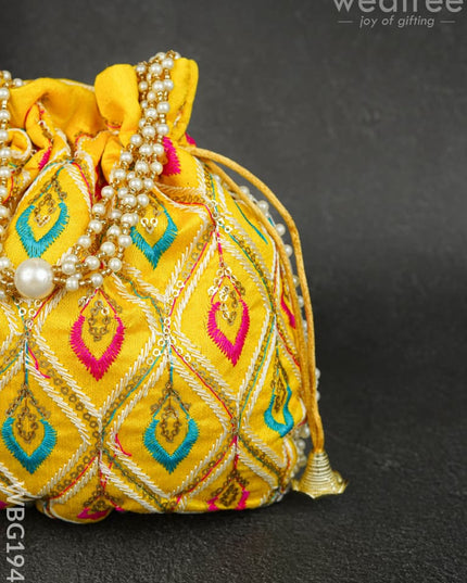 Potli Bag with Leaf Design Embroidery - 9 inch - WBG1949 - Potli Bags