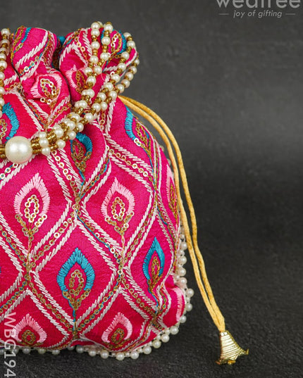 Potli Bag with Leaf Design Embroidery - 9 inch - WBG1949 - Potli Bags