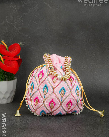Potli Bag with Leaf Design Embroidery - 9 inch - WBG1949 - Potli Bags