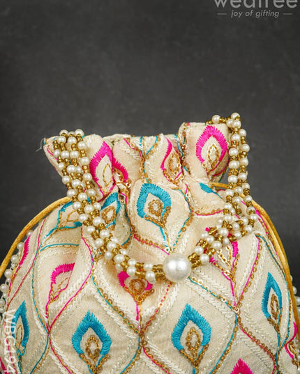 Potli Bag with Leaf Design Embroidery - 9 inch - WBG1949 - Potli Bags
