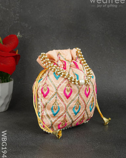 Potli Bag with Leaf Design Embroidery - 9 inch - WBG1949 - Potli Bags