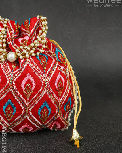 Potli Bag with Leaf Design Embroidery - 9 inch - WBG1949 - Potli Bags