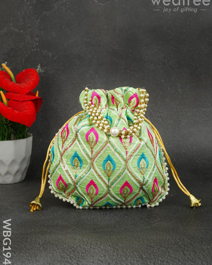 Potli Bag with Leaf Design Embroidery - 9 inch - WBG1949 - Potli Bags