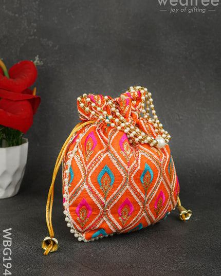 Potli Bag with Leaf Design Embroidery - 9 inch - WBG1949 - Potli Bags