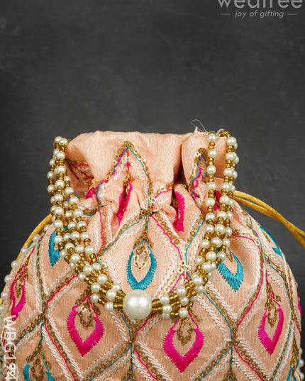 Potli Bag with Leaf Design Embroidery - 9 inch - WBG1949 - Potli Bags