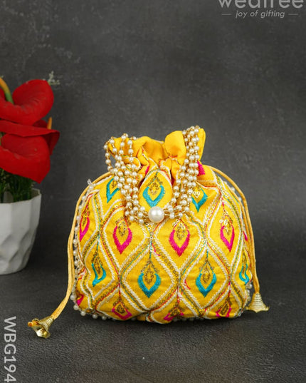 Potli Bag with Leaf Design Embroidery - 9 inch - WBG1949 - Potli Bags