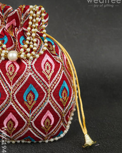 Potli Bag with Leaf Design Embroidery - 9 inch - WBG1949 - Potli Bags
