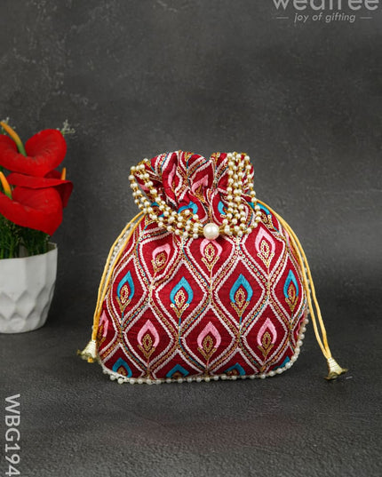 Potli Bag with Leaf Design Embroidery - 9 inch - WBG1949 - Potli Bags
