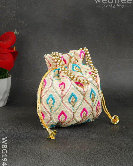 Potli Bag with Leaf Design Embroidery - 9 inch - WBG1949 - Potli Bags