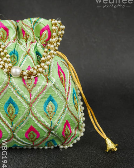 Potli Bag with Leaf Design Embroidery - 9 inch - WBG1949 - Potli Bags