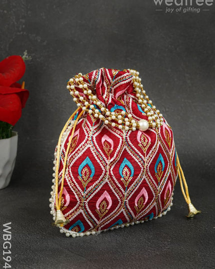 Potli Bag with Leaf Design Embroidery - 9 inch - WBG1949 - Potli Bags