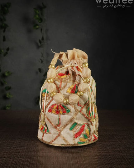 Potli Bag With Multi Coloured Pastel Shade Embroidery - Round Base Wbg0418 Bags