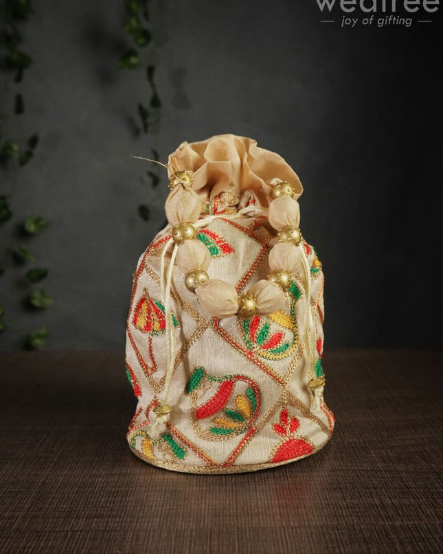 Potli Bag With Multi Coloured Pastel Shade Embroidery - Round Base Wbg0418 Bags