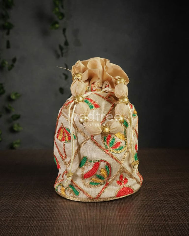 Potli Bag With Multi Coloured Pastel Shade Embroidery - Round Base Wbg0418 Bags