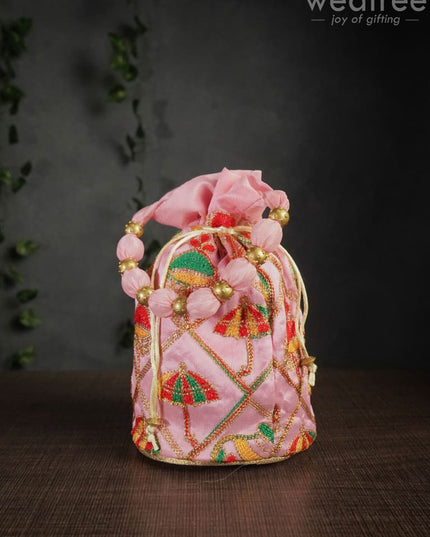 Potli Bag With Multi Coloured Pastel Shade Embroidery - Round Base Wbg0418 Bags