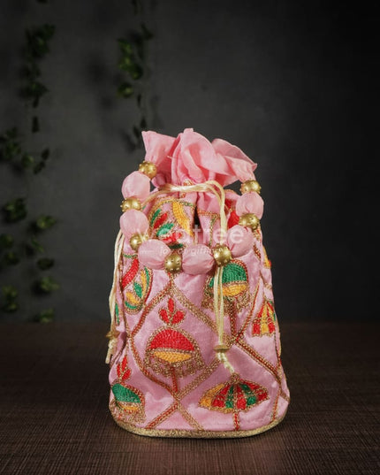 Potli Bag With Multi Coloured Pastel Shade Embroidery - Round Base Wbg0418 Bags
