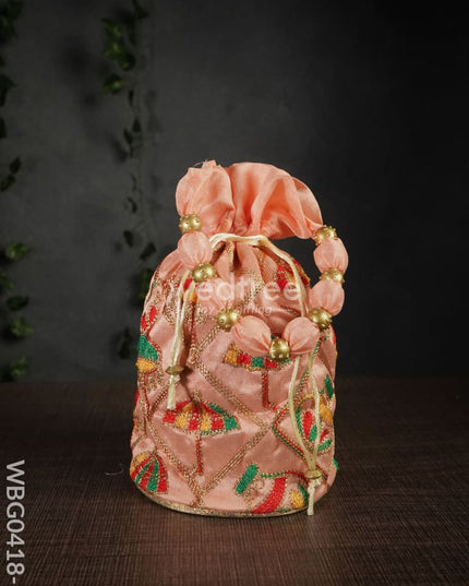 Potli Bag With Multi Coloured Pastel Shade Embroidery - Round Base Wbg0418 Full Embroidery Designed