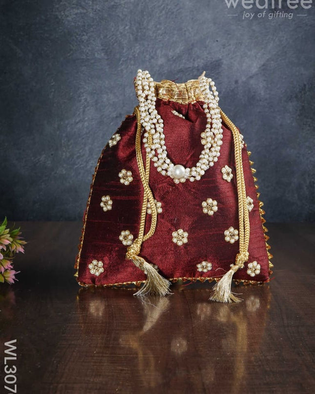 Potli Bag With Pearl Handle And Golden Drawstring - Wl3070 Bags