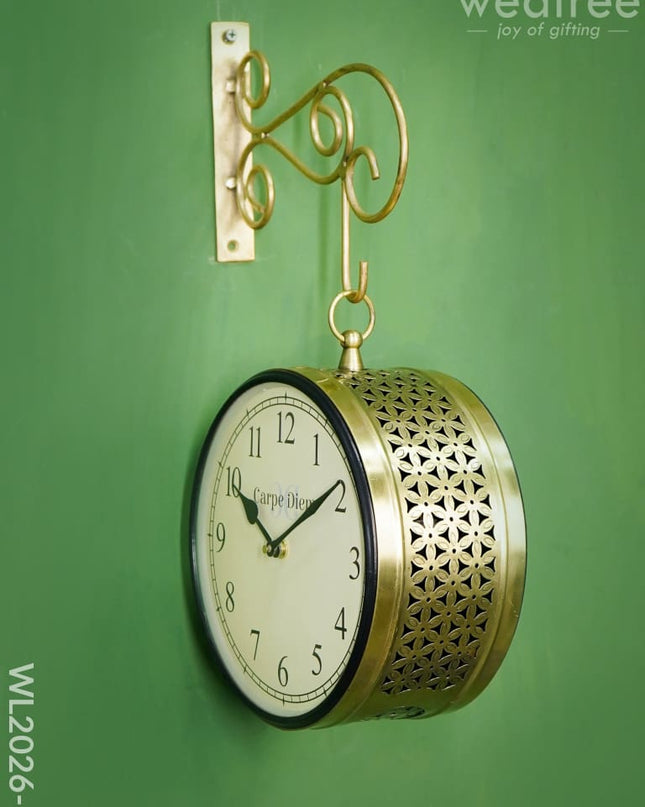 Railway Clock - 8 Inches Wl2026 Floral Jalli Pattern Brass Finish Wl2026-1 Wall Clocks