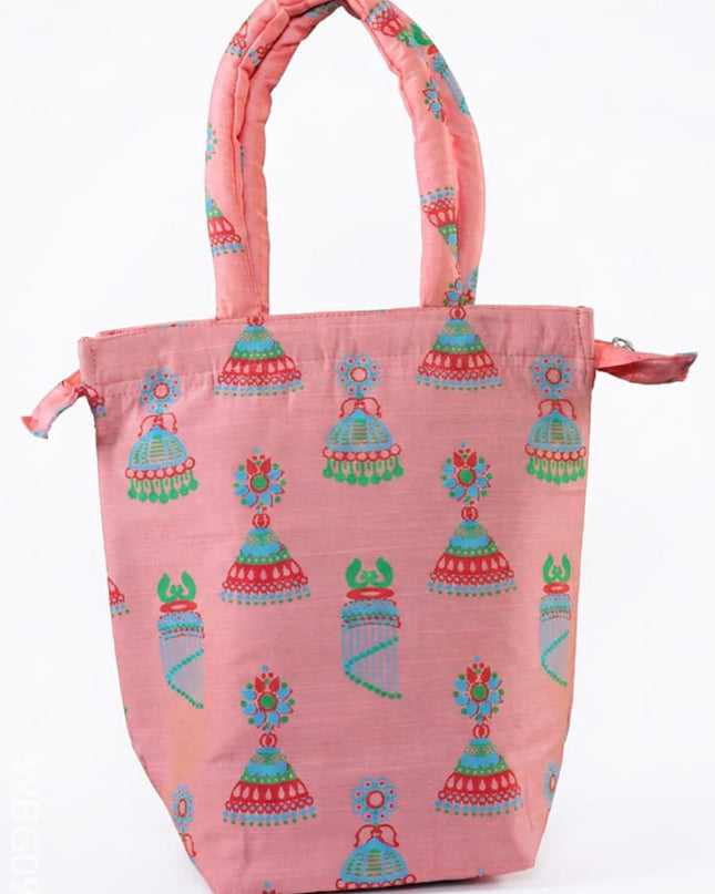 Raw Silk Hand Bag with Jhumka Print - WBG0941 - Hand Bags