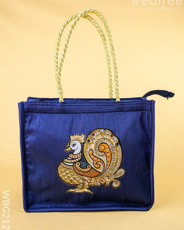 Raw Silk Handbag with Annapakshi Print - WBG2125 - Hand Bags