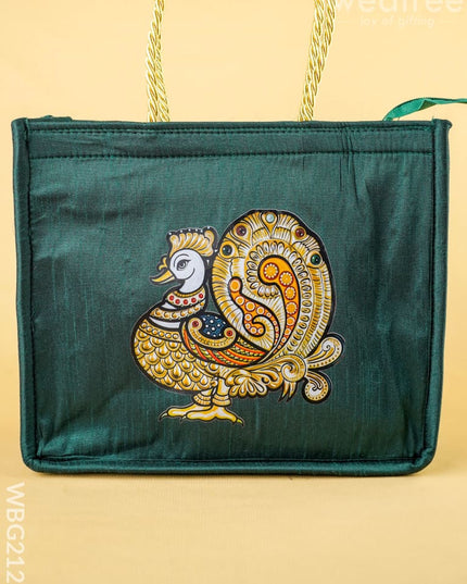 Raw Silk Handbag with Annapakshi Print - WBG2125 - Hand Bags