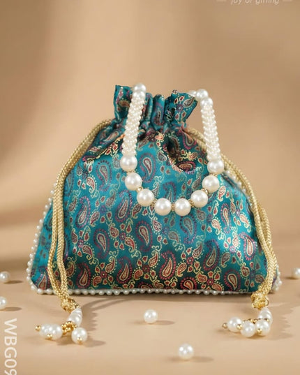 Raw Silk Potli Bag with Pearl Handle and Drawstring - WBG0901 - Potli Bags