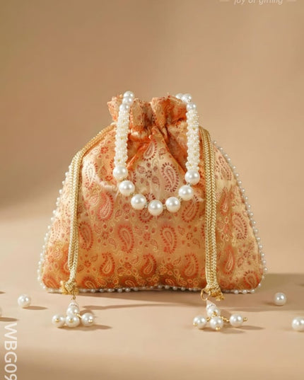 Raw Silk Potli Bag with Pearl Handle and Drawstring - WBG0901 - Potli Bags