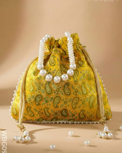 Raw Silk Potli Bag with Pearl Handle and Drawstring - WBG0901 - Potli Bags