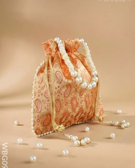 Raw Silk Potli Bag with Pearl Handle and Drawstring - WBG0901 - Potli Bags