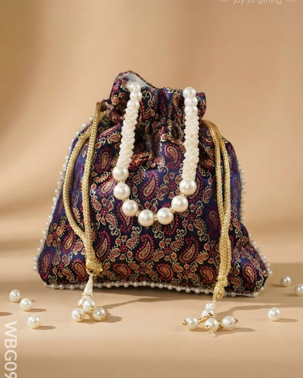Raw Silk Potli Bag with Pearl Handle and Drawstring - WBG0901 - Potli Bags