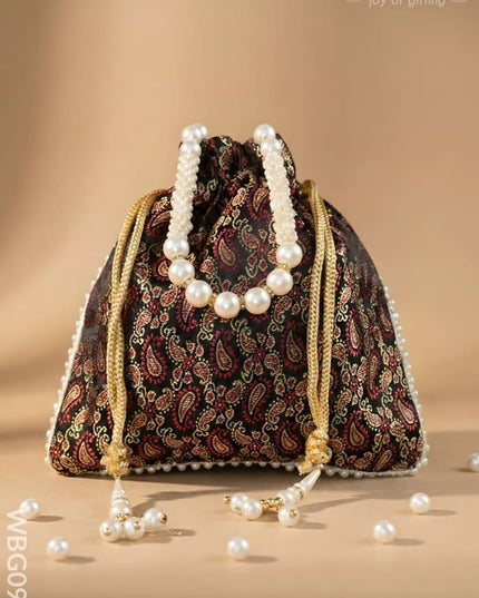 Raw Silk Potli Bag with Pearl Handle and Drawstring - WBG0901 - Potli Bags