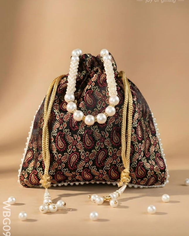 Raw Silk Potli Bag with Pearl Handle and Drawstring - WBG0901 - Potli Bags