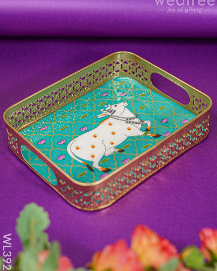 Rectangular Brass Tray With Pichwai Design - Green Wl3922 Utility