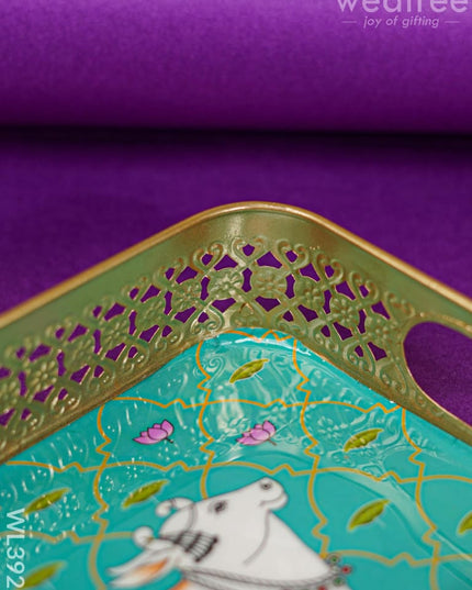 Rectangular Brass Tray With Pichwai Design - Green Wl3922 Utility