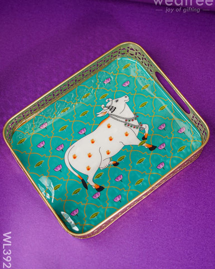 Rectangular Brass Tray With Pichwai Design - Green Wl3922 Utility