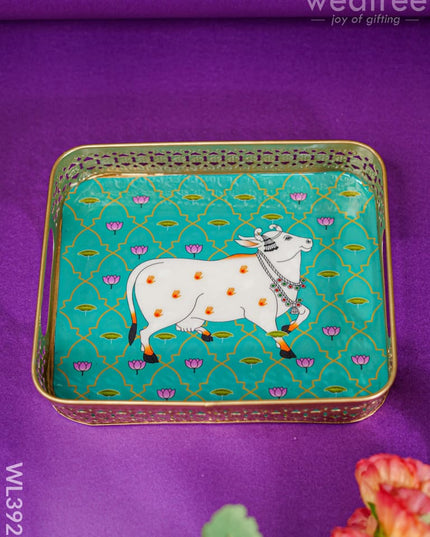 Rectangular Brass Tray With Pichwai Design - Green Wl3922 Utility