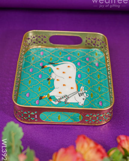 Rectangular Brass Tray With Pichwai Design - Green Wl3922 Utility