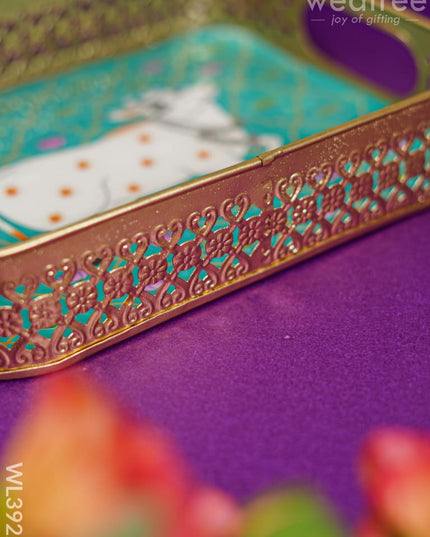Rectangular Brass Tray With Pichwai Design - Green Wl3922 Utility