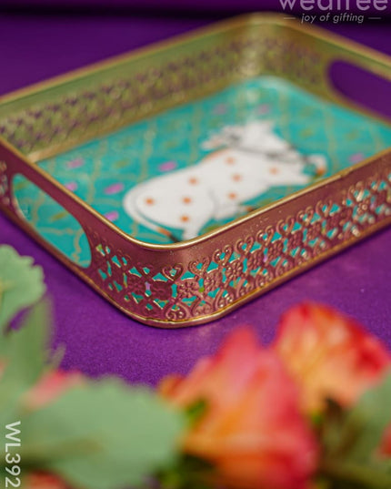 Rectangular Brass Tray With Pichwai Design - Green Wl3922 Utility