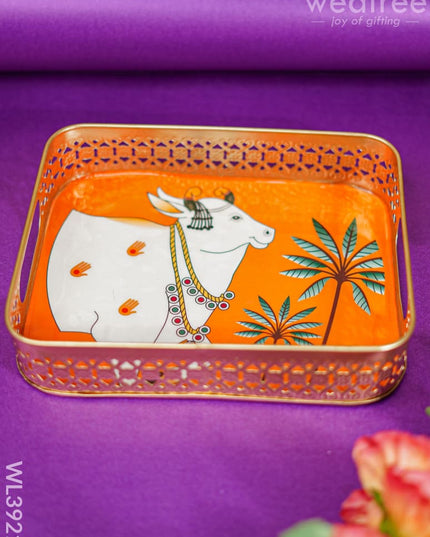 Rectangular Brass Tray With Pichwai Design - Orange Wl3921 Utility