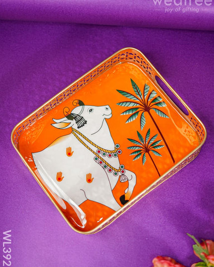 Rectangular Brass Tray With Pichwai Design - Orange Wl3921 Utility